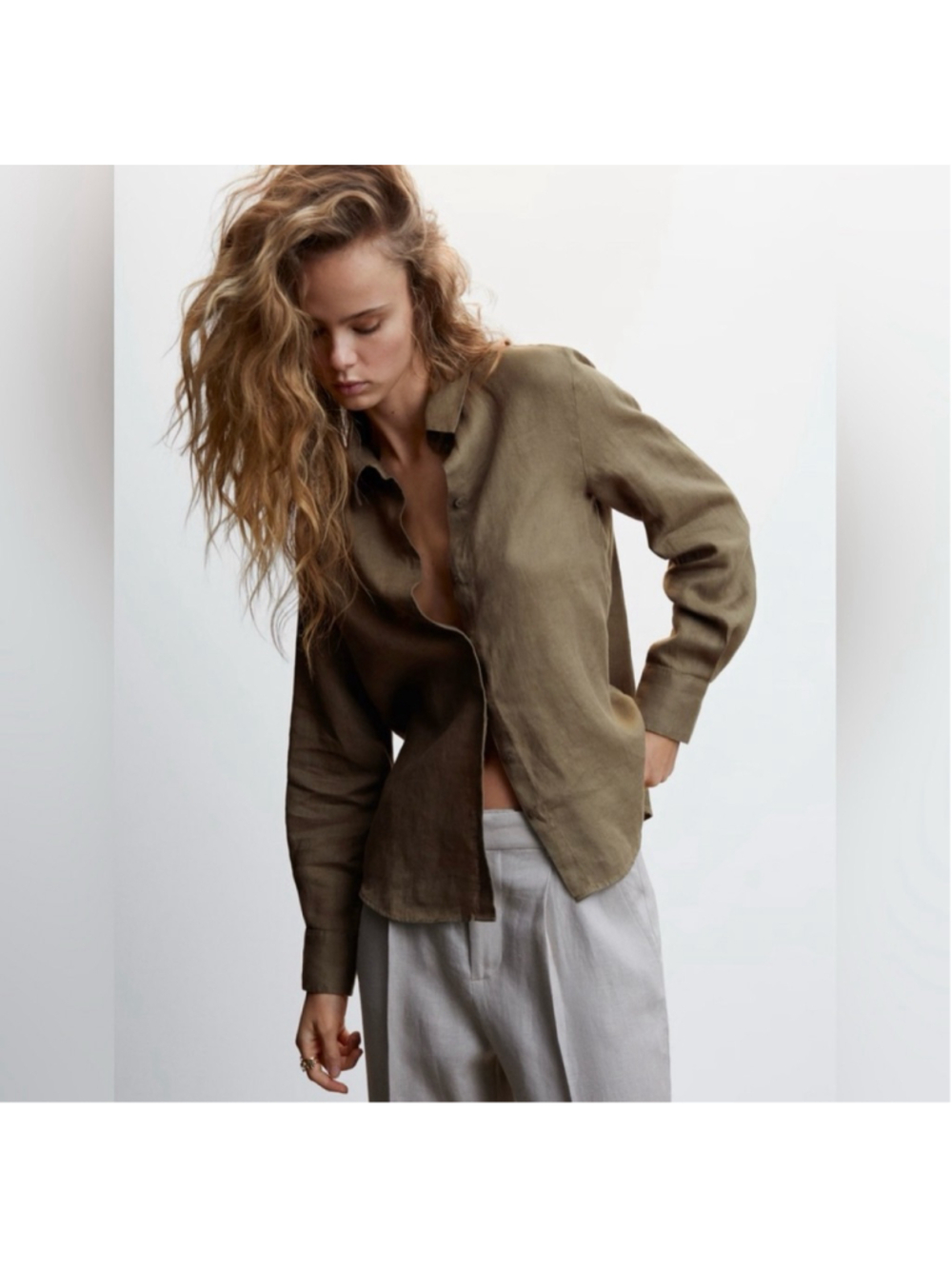 Mango Olive Green 100% Linen Button Down Shirt S / 4 Capsule Coastal Minimalist